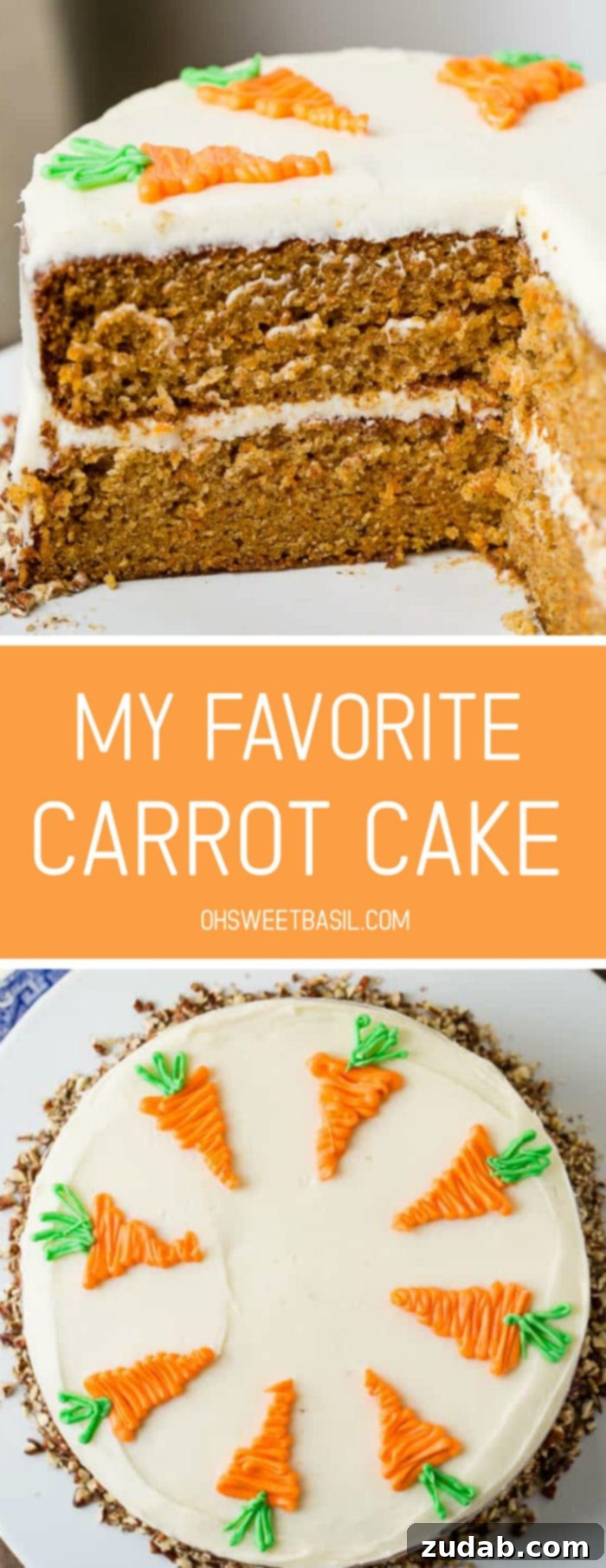Ultimate Moist Carrot Cake with Cream Cheese Frosting 9 A beautiful two-layer carrot cake on a white cake stand, viewed from the side, with a slice already removed. It features luscious white cream cheese frosting between its layers and all over the exterior, garnished with charming white chocolate decorative carrots on top.
