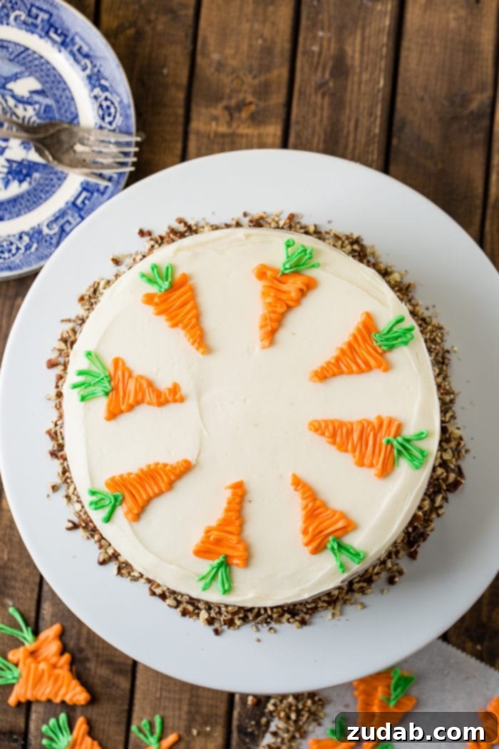 Ultimate Moist Carrot Cake with Cream Cheese Frosting 5 A carrot cake viewed from directly above, presented on a pristine white cake plate. It is generously coated in white cream cheese frosting, elegantly topped with white chocolate decorative carrots, and surrounded at the base by finely chopped walnuts.