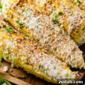 Elote or Mexican street corn, grilled and coated in a creamy, cheesy sauce with a sprinkle of chili powder.