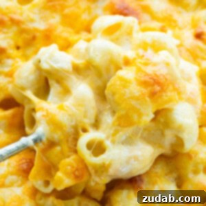 A serving of Southern Baked Mac & Cheese, showing its golden-brown, cheesy top and creamy interior.