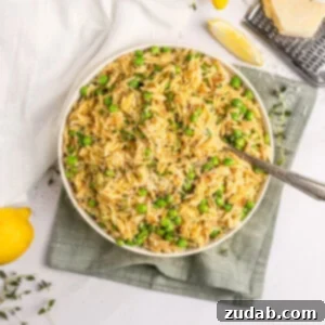 A bowl of bright lemon orzo with peas, garnished with fresh herbs, a light and fresh side dish.