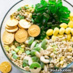 St Patrick's Day Delights Sweet to Savory 15 A St. Patrick's Day snack mix with festive candy, gold coins, and green treats.