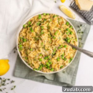 A bowl of Quick Lemon Orzo Pasta with fresh peas and herbs.