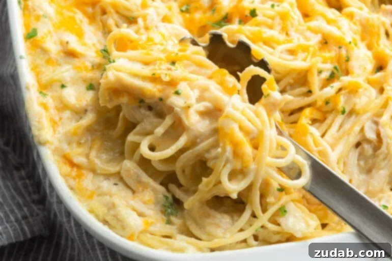 Velvety Cheesy Chicken Noodle Bake 3 A close-up view of a serving spoon scooping out a portion of creamy chicken noodle casserole from a white baking dish, showing the rich melted cheese and tender noodles.