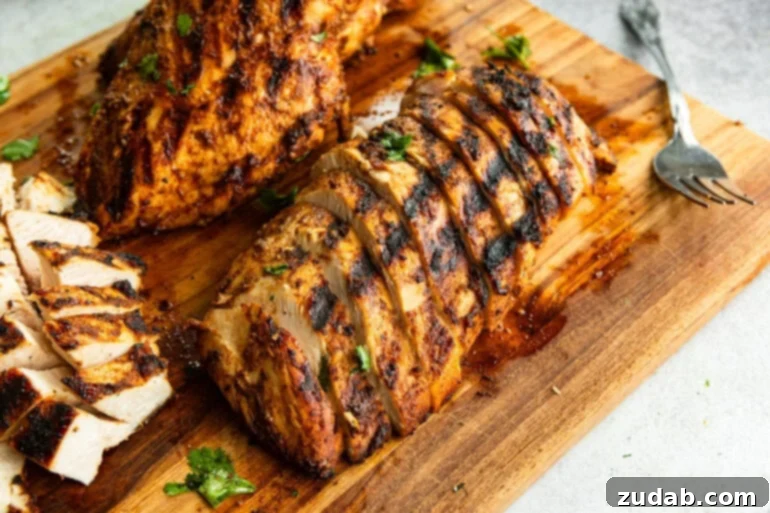 Zesty Mexican Grilled Chicken 4 A overhead photo of seasoned grilled chicken breasts sliced thin on a wooden cutting board ready to be shredded for tacos and burrito bowls.