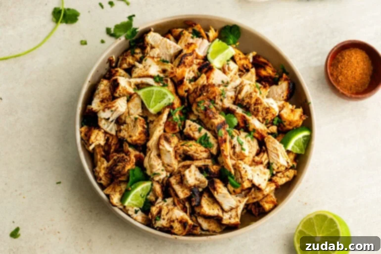 Zesty Mexican Grilled Chicken 5 An overhead photo of tender juicy taco night meat fresh off the grill resting on a plate
