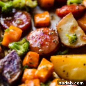 One pan honey garlic kielbasa with potatoes and broccoli.