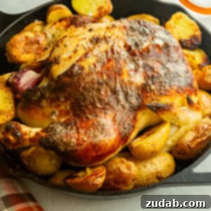 A large cast iron skillet with a roasted whole chicken surrounded by golden roasted potatoes.