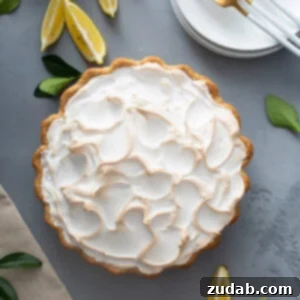 A slice of classic lemon meringue pie with a tall, golden meringue topping.