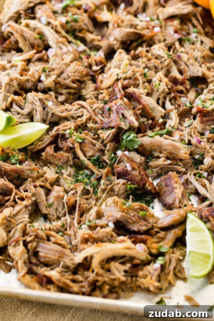 Easy Authentic Cinco de Mayo Recipes for Your Fiesta 28 Pork carnitas crispy and shredded sitting on a sheet pan with lime wedges and topped with chopped fresh cilantro.