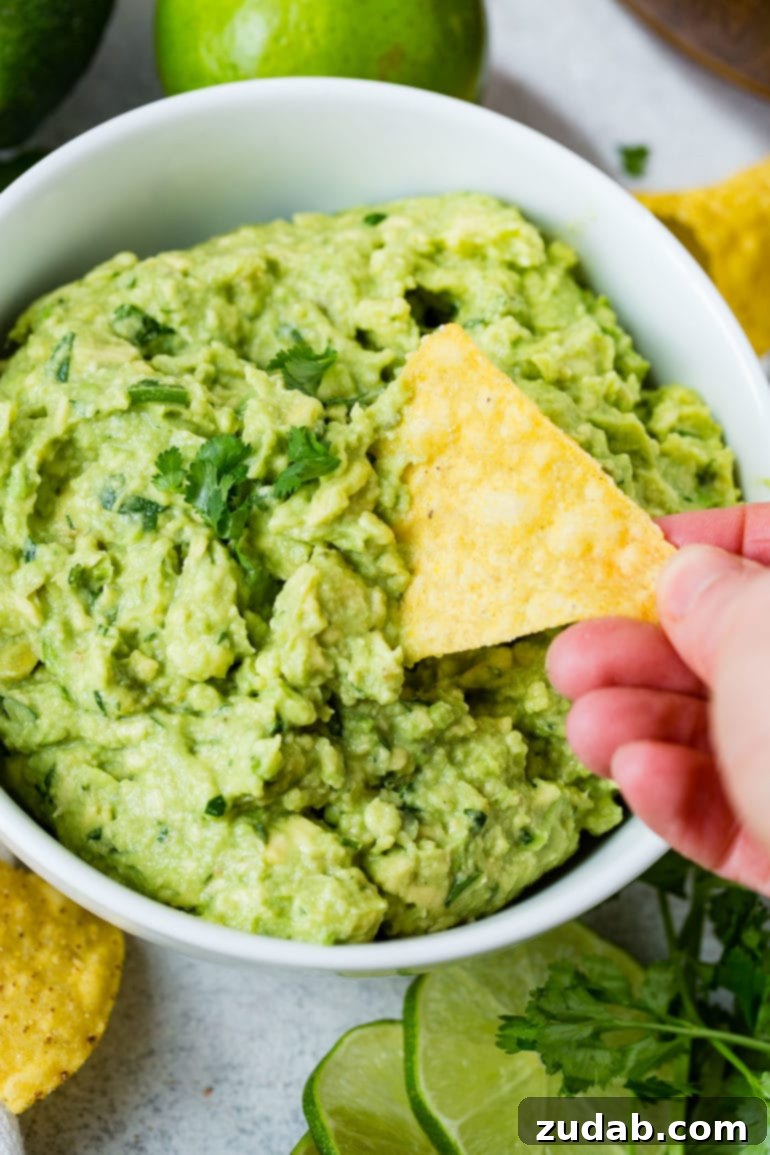 Easy Authentic Cinco de Mayo Recipes for Your Fiesta 42 A tortilla chip being dipped into a bowl of fresh green guacamole. There are a couple of cilantro leaves on top of the guacamole. There are a few cilantro leaves, slices of lime and chips laying on the table in front of the bowl of guacamole.