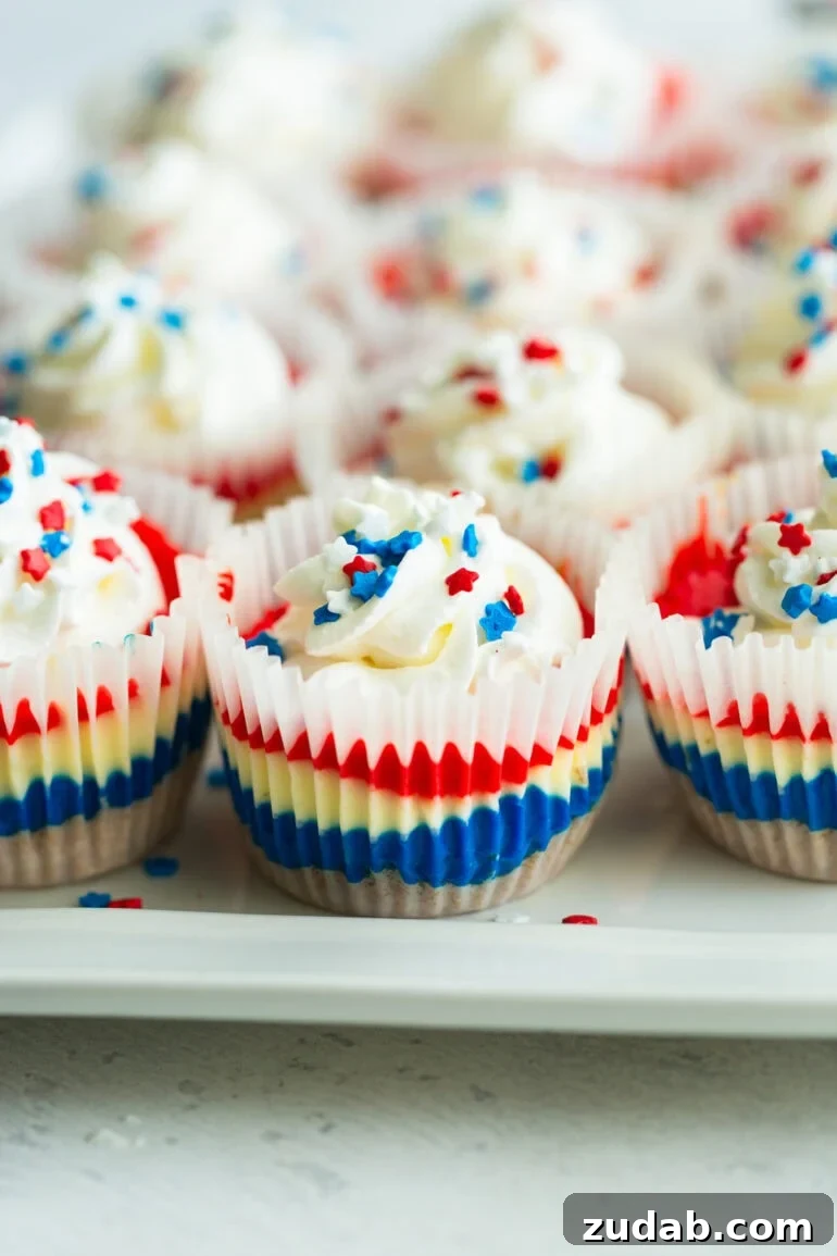 Patriotic Mini Cheesecakes with Red, White & Blue Layers 2 A platter full of layered red, white, and blue cheesecakes with a swirl of whipped cream and patriotic star sprinkles