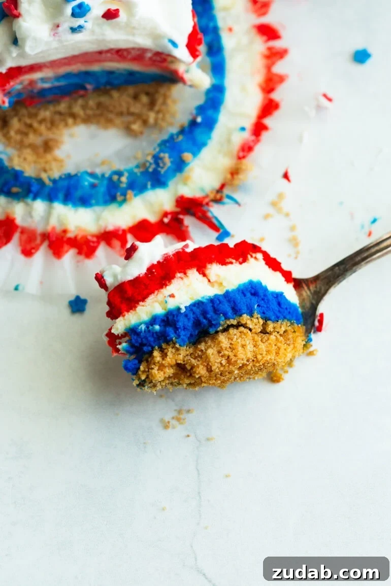 Patriotic Mini Cheesecakes with Red, White & Blue Layers 3 A fork with a bite of layered red, white, and blue cheesecakes with a swirl of whipped cream and patriotic star sprinkles