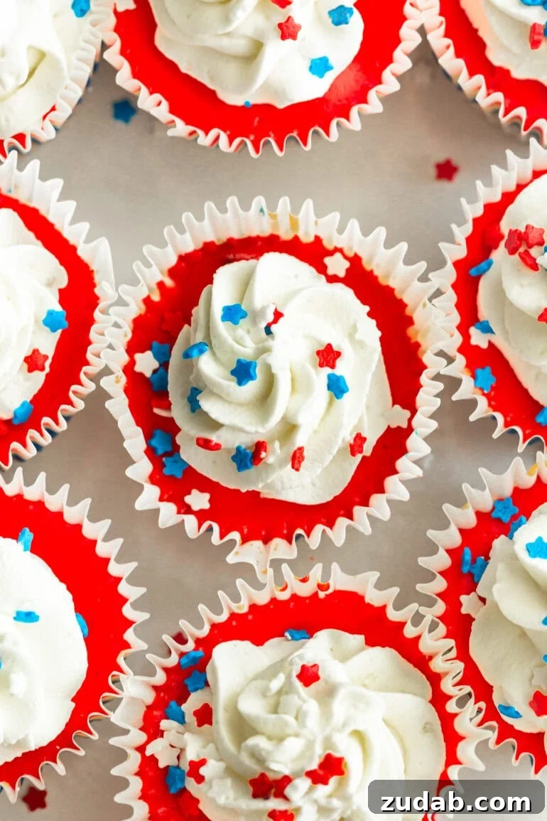 Patriotic Mini Cheesecakes with Red, White & Blue Layers 4 An overhead shot of a plate full of layered red, white, and blue cheesecakes with a swirl of whipped cream and patriotic star sprinkles