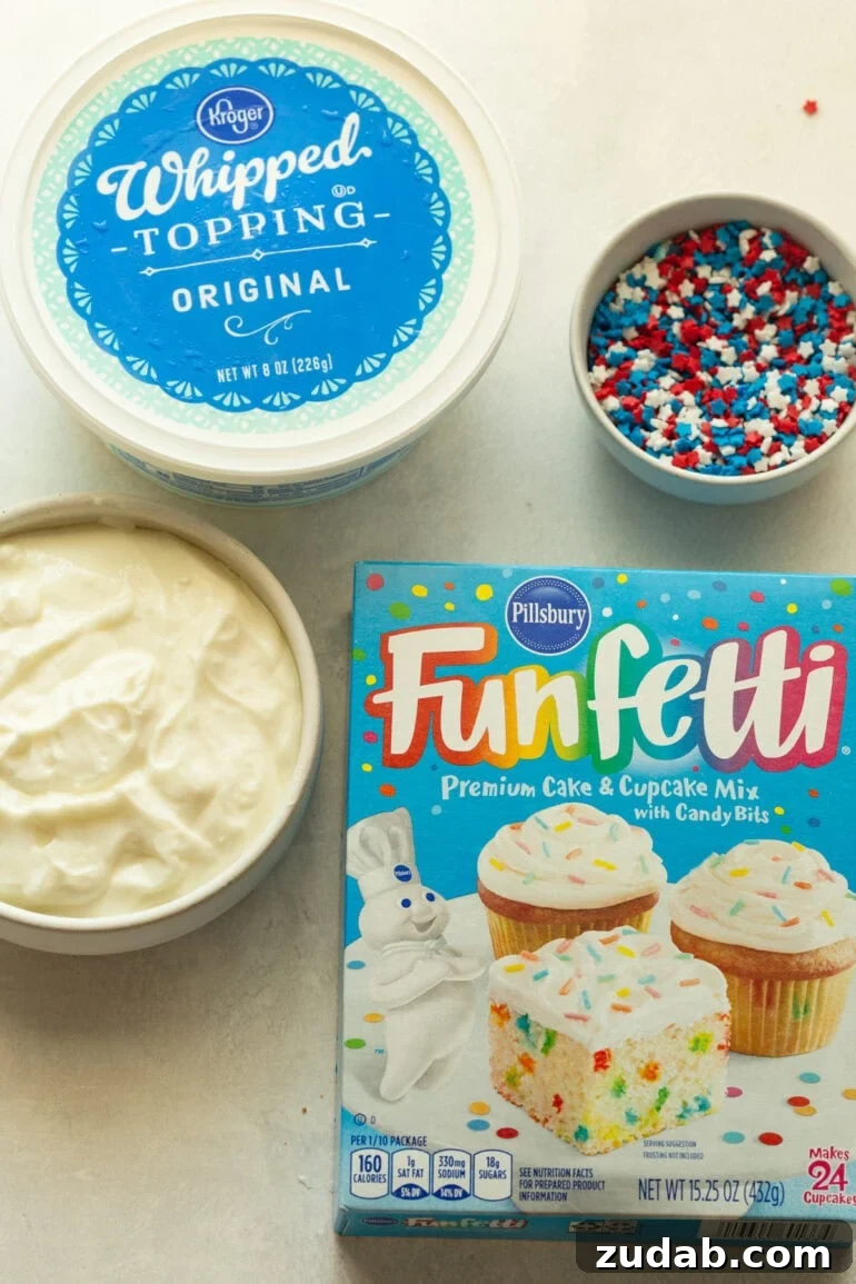 Red White and Blue Funfetti Dip Recipe for Patriotic Parties 4 Ingredients like cake mix, sprinkles, and whipped topping ready to make Funfetti Dip.