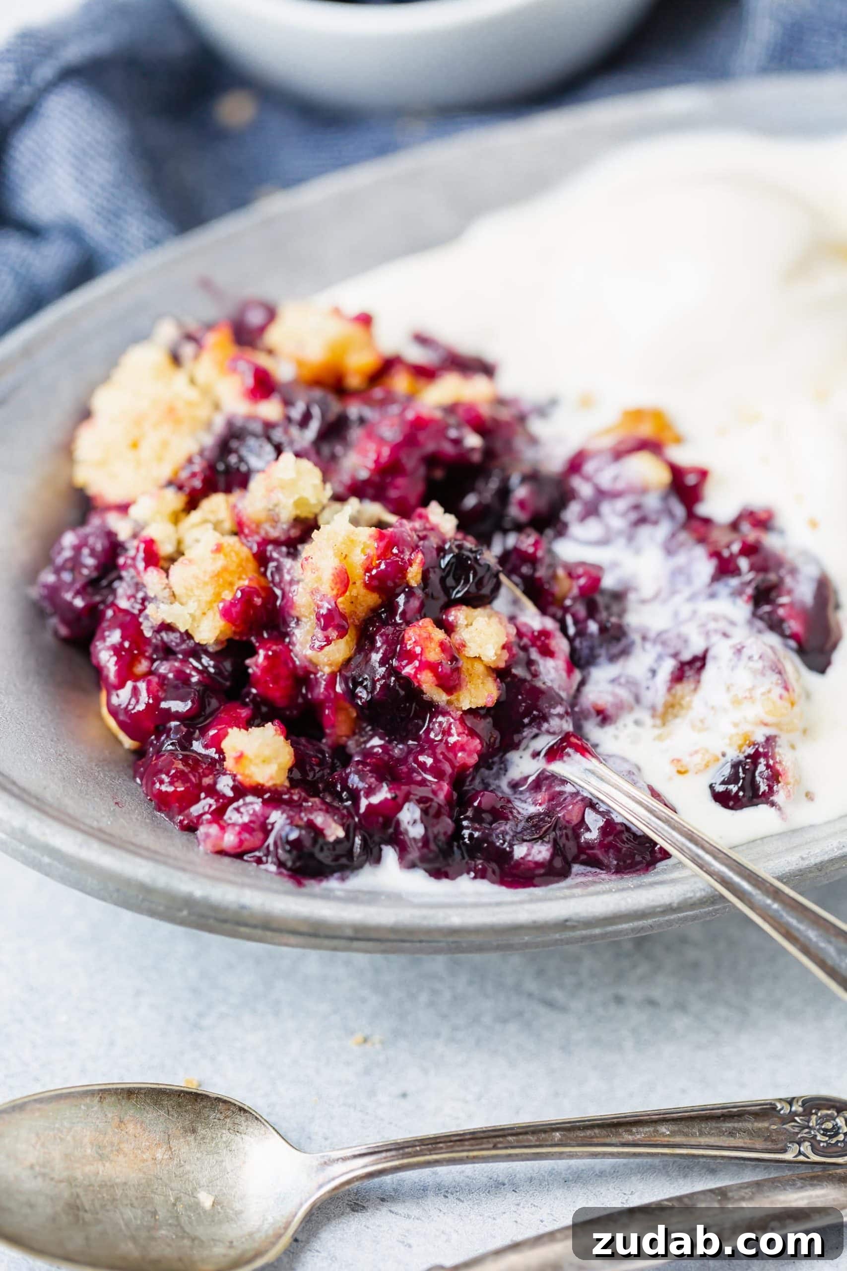 Summer Blueberry Cobbler A photo of a serving of warm blueberry cobbler in a bowl with a silver spoon sticking into the cobbler and some melting scoops of vanilla ice cream in the background.