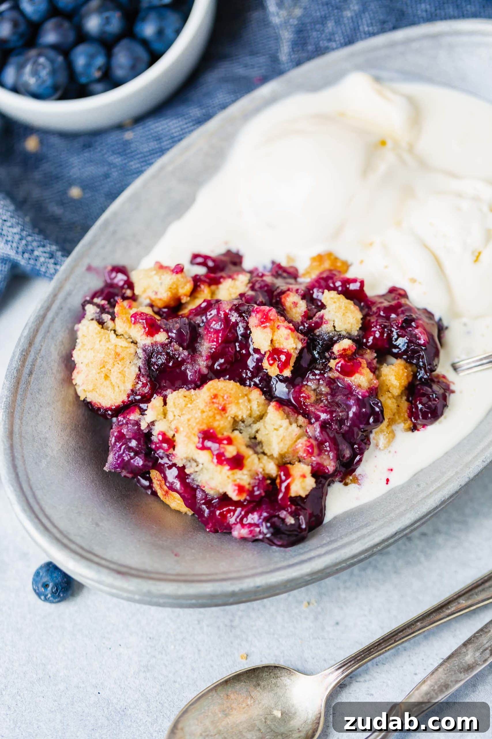 Summer Blueberry Cobbler A serving of blueberry cobbler with golden topping in a bowl with a side of melting vanilla ice cream.