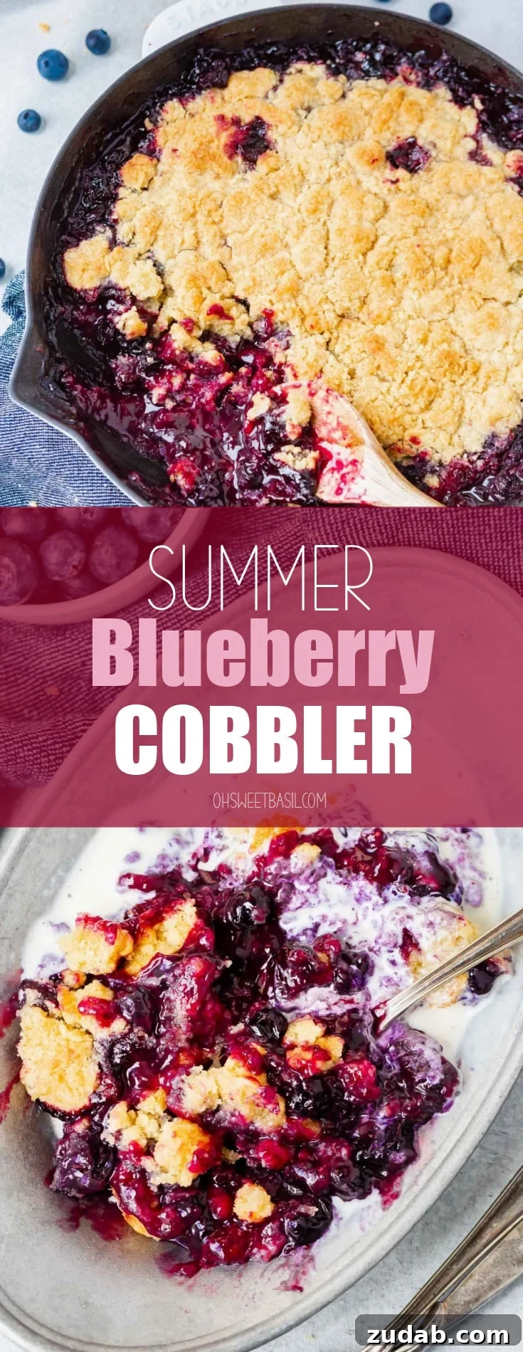Classic Blueberry Cobbler Recipe with Buttery Crisp Topping 2 A skillet full of blueberry cobbler with ice cream