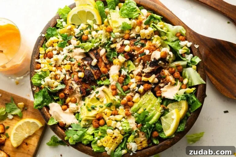 Southwest Ranch Grilled Chicken Salad Recipe 2 a large wooden bowl full of grilled chicken salad with southwest ranch dressing