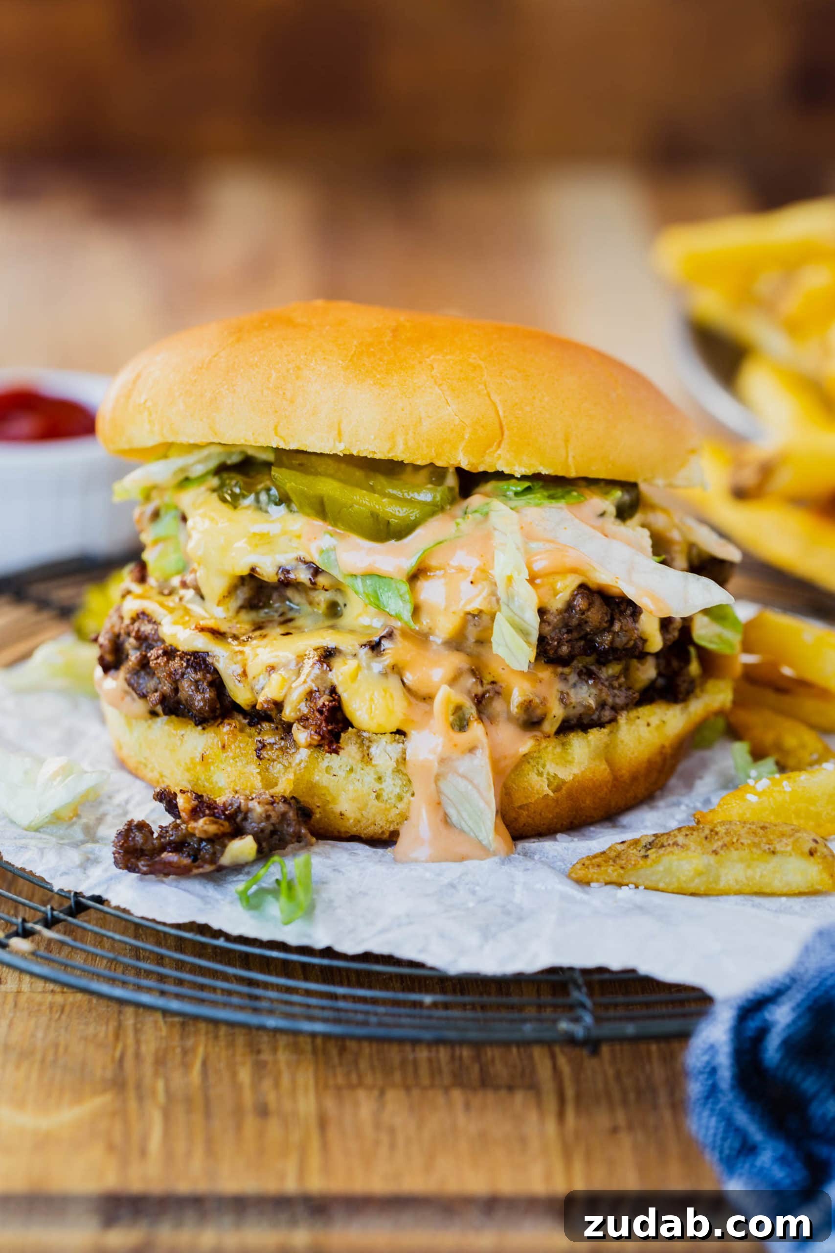 Father’s Day Grill Recipes Dad Will Love: Crowd-Pleasing Ideas 2 a photo of a cheesy smash burger with two patties, shredded lettuce and pickles on a toasted bun.