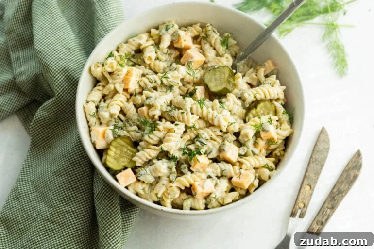 Creamy Dill Pickle Pasta Salad with Crunchy Cucumbers 5 A creamy cold noodle dish with pickled cucumbers