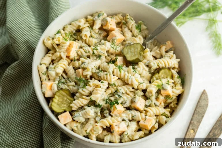 Creamy Dill Pickle Pasta Salad with Crunchy Cucumbers 7 A creamy cold noodle dish with pickled cucumbers